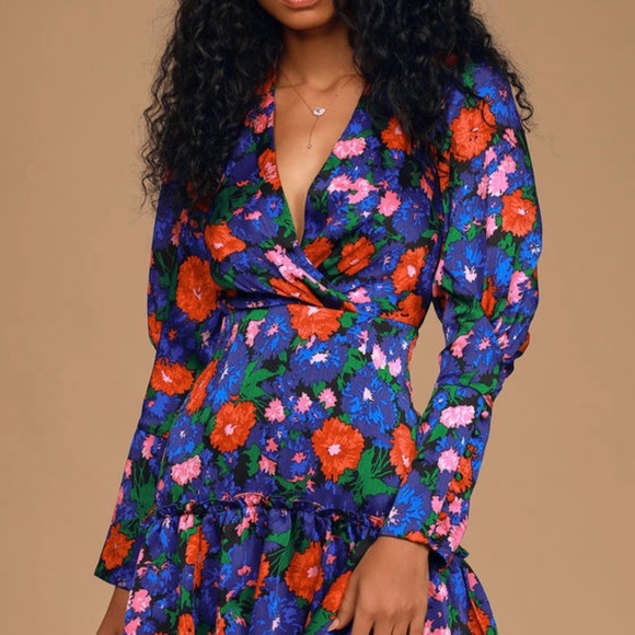 Eva Cobalt Blue Floral Print Puff Sleeve Mini Dress - Picture 3 of 5